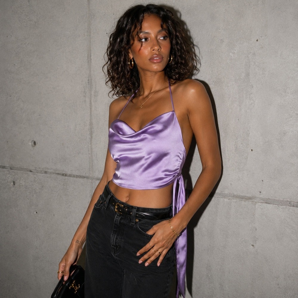 Zara Lavender Satin Cowl Neck Halter Top Backless Tie Cropped Purple Womens XL